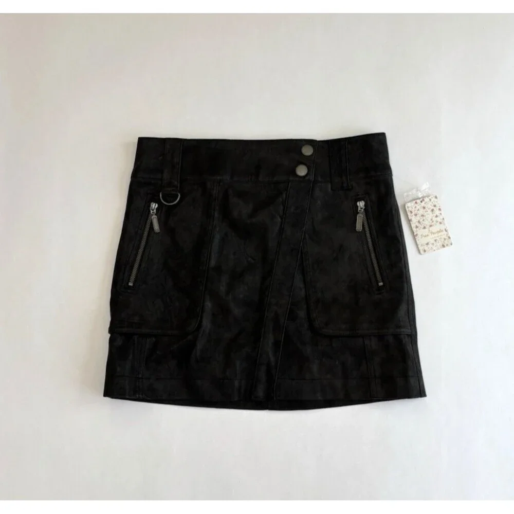Free People Carson Utility Wrap Mini Skirt Charcoal Vegan Leather NWT - 2